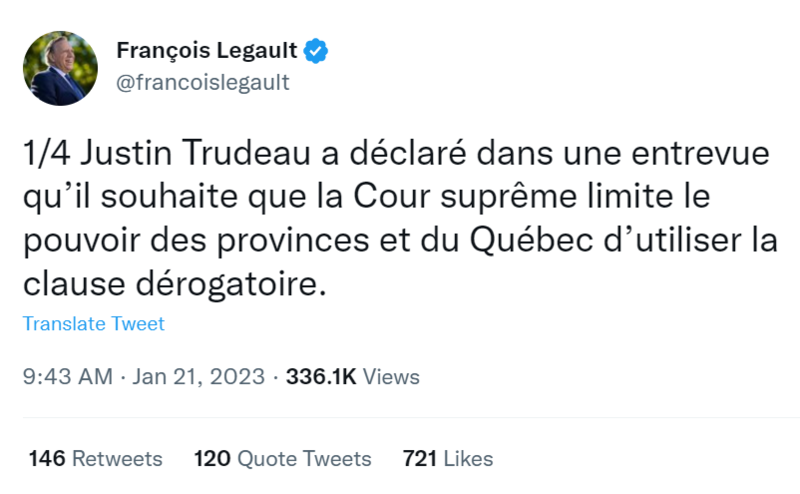 Clause dérogatoire : Legault se fâche contre Trudeau